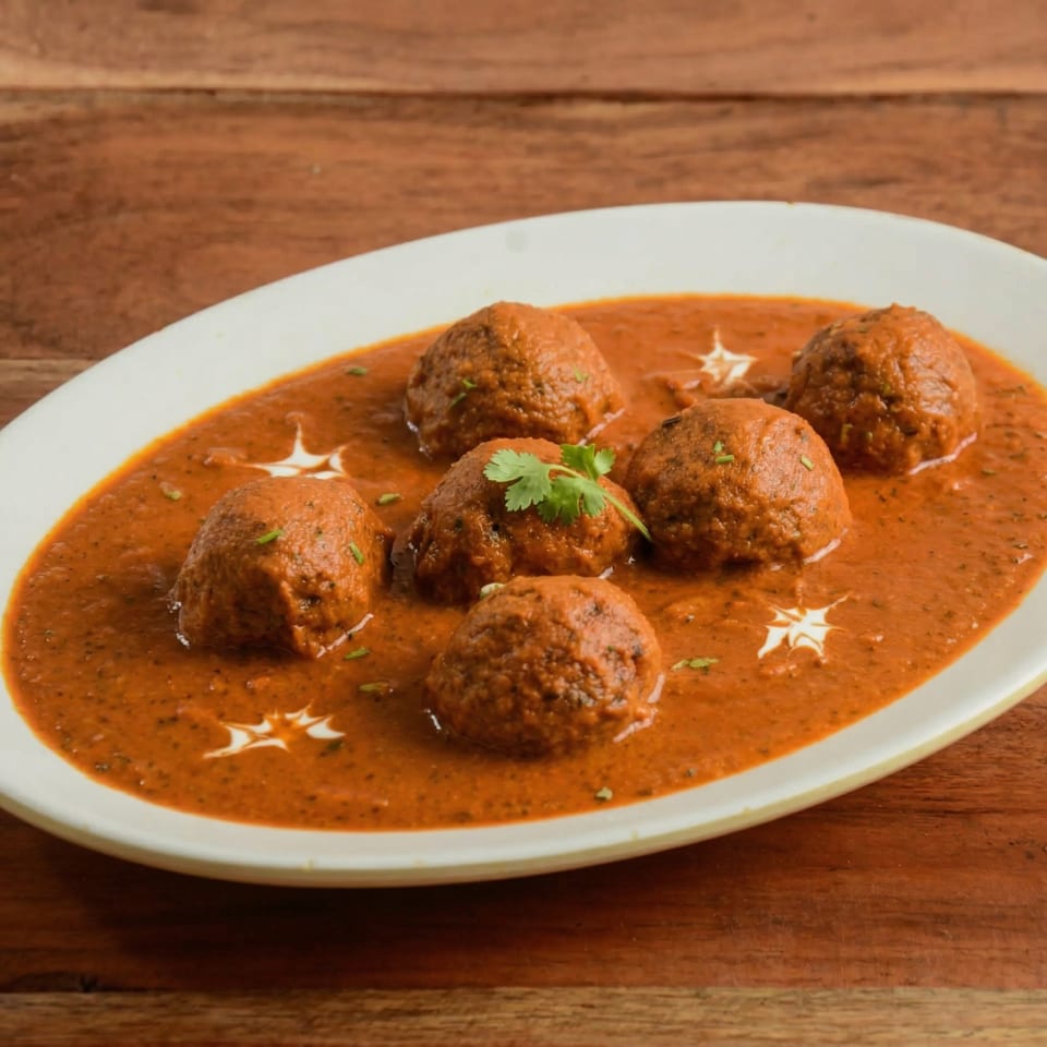 Malai Kofta, a popular Indian dish, served in a rich, creamy orange gravy on a white platter.