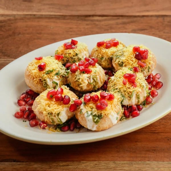 A plate of Indian dahi puri, topped with sev, cilantro, and pomegranate seeds.