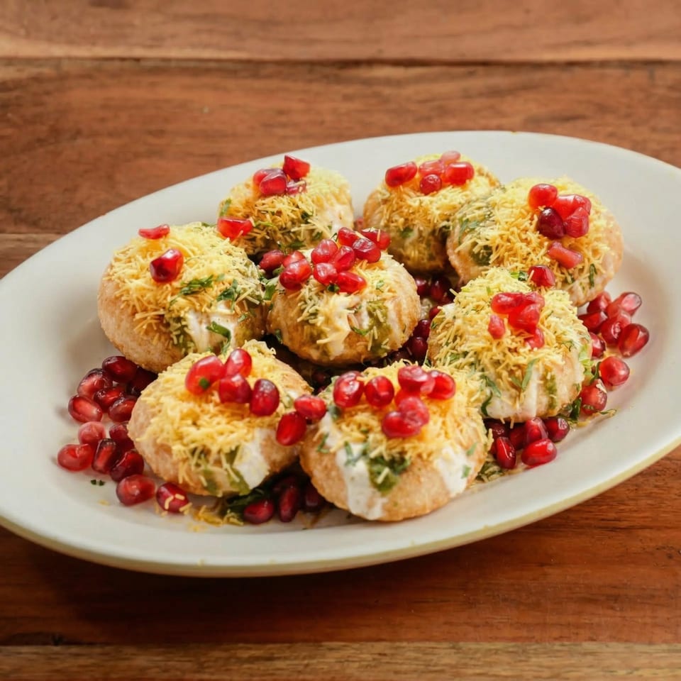 A plate of Indian dahi puri, topped with sev, cilantro, and pomegranate seeds.
