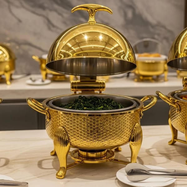 Golden chafing dish with its lid open, revealing dark green cooked vegetables inside on a buffet line.