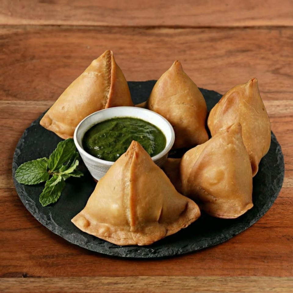 Five golden-brown samosas and a bowl of green chutney on a black slate, with mint leaves.