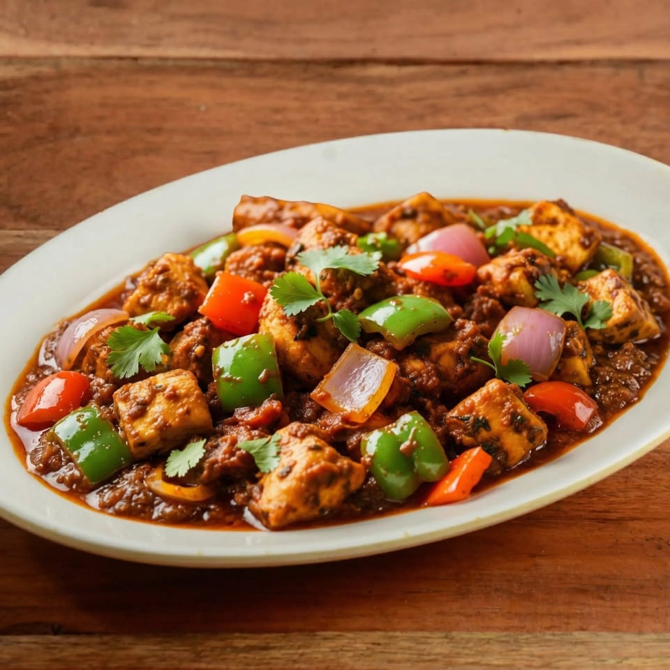 Chilli Paneer, a spicy Indian dish with paneer, bell peppers, and onions in a rich sauce.