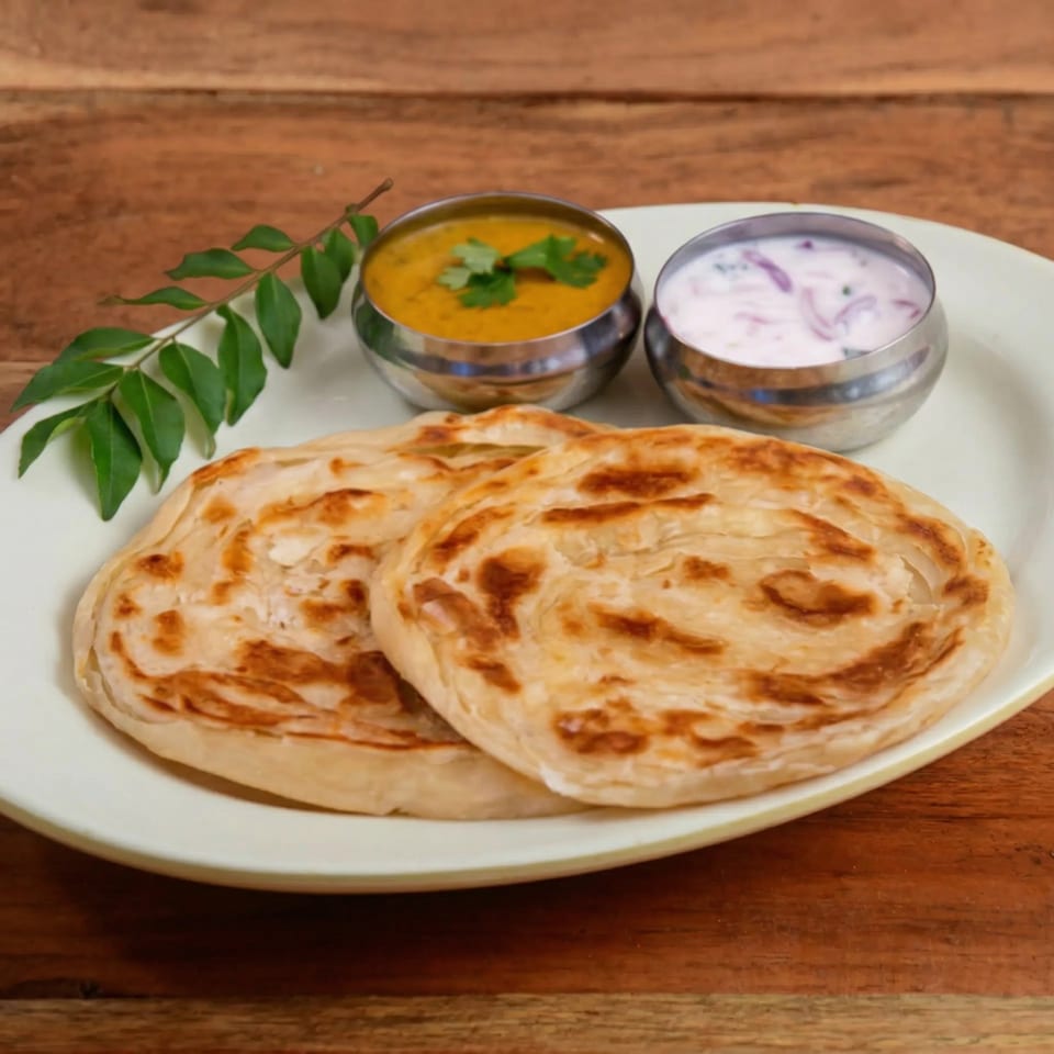 Two flaky parathas with yellow dal and raita in steel bowls, garnished with curry leaves.