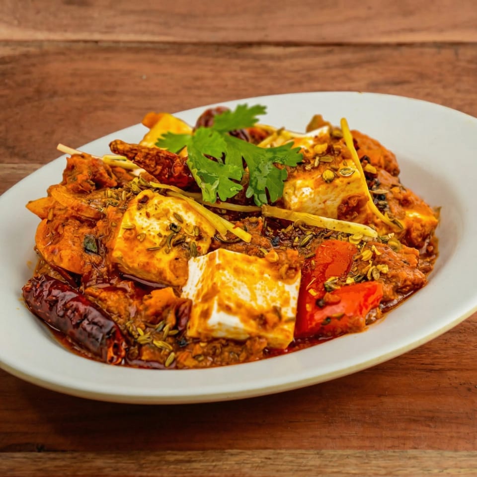Spicy paneer dish with red peppers, whole spices, and cilantro on a white plate.