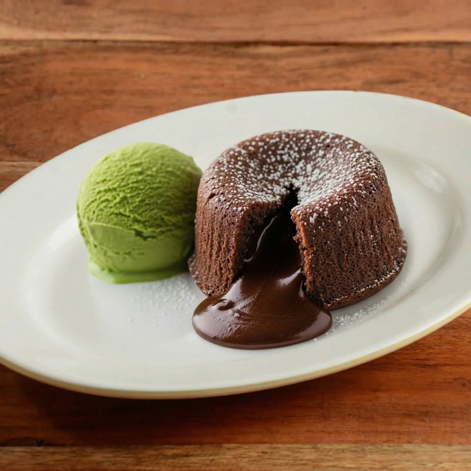 Chocolate lava cake with powdered sugar and a scoop of green ice cream on a white plate.