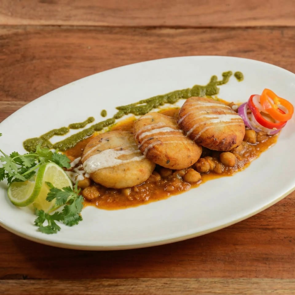 Three golden-brown potato patties with white sauce, green chutney, chickpeas, and lime on a white plate.