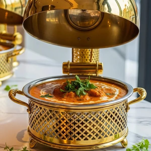 Indian butter chicken in a golden chafing dish with a lifted lid, garnished with cilantro.