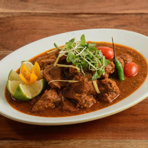 Rich, red curry with meat chunks, garnished with microgreens, lime, cherry tomatoes, and a green chili.