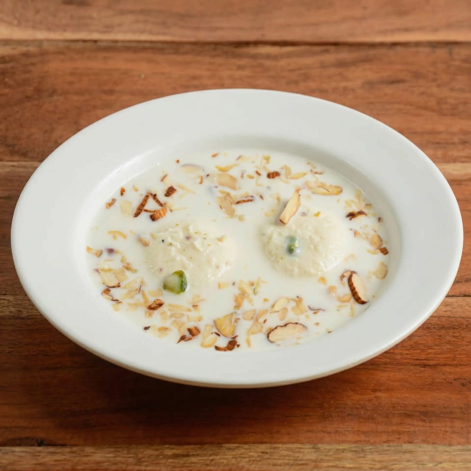 Two rasgullas in creamy milk, garnished with sliced almonds and pistachios, in a white bowl.