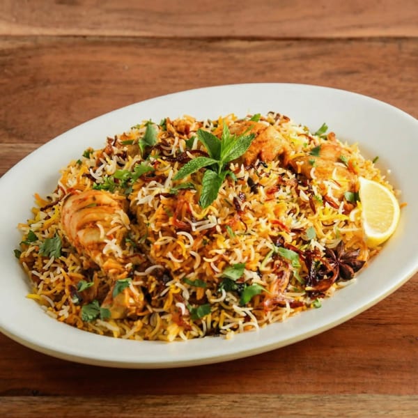 Chicken biryani with rice, herbs, and a lemon wedge on a white oval plate.